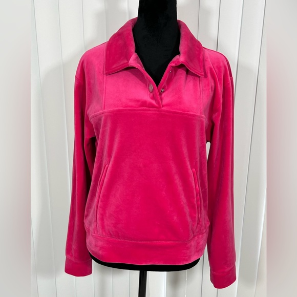 JUICY COUTURE Velour Pullover Sweatshirt Collared Half Snap Pocket Pink M - Picture 2 of 10